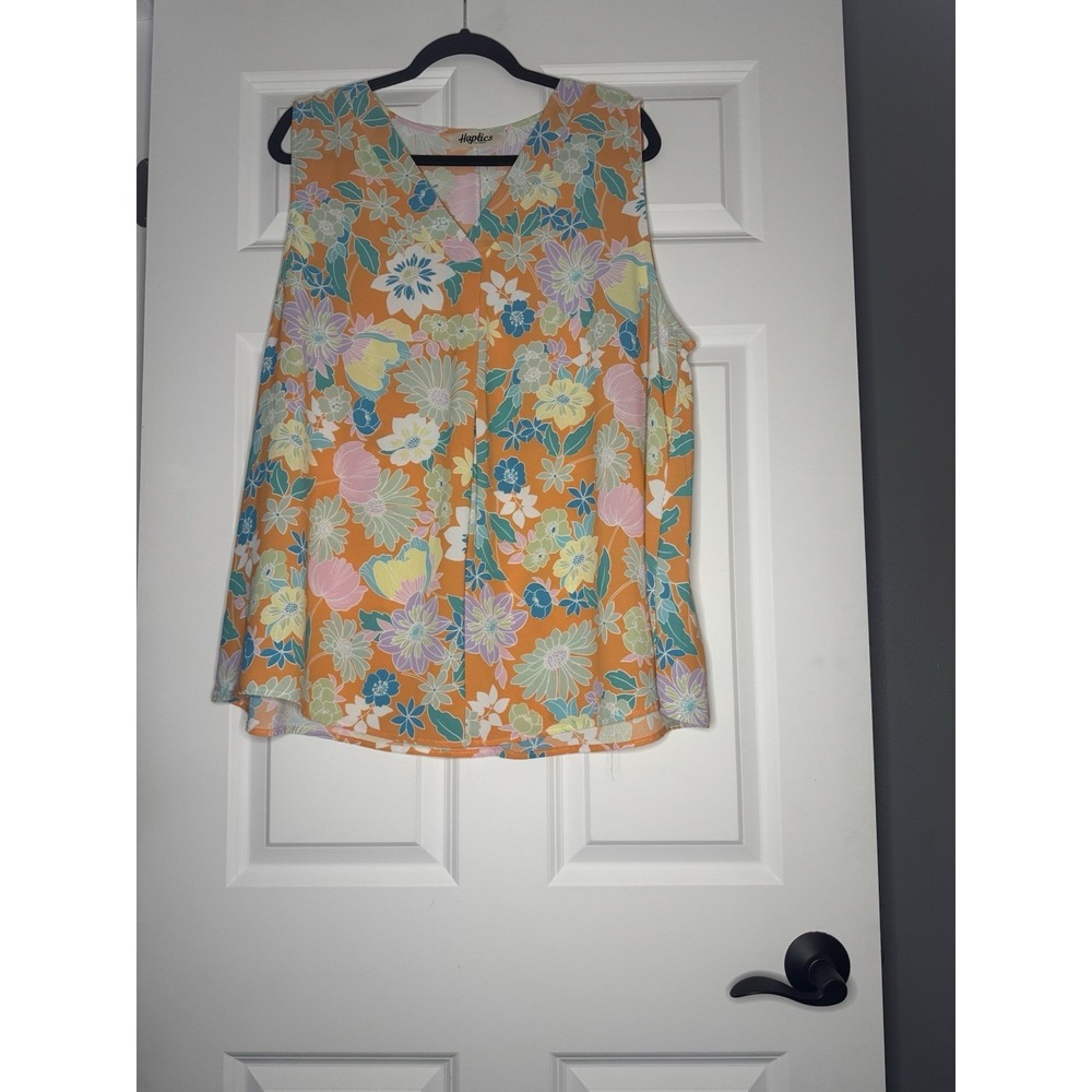 Haptics Plus Size Sleeveless Tangerine Floral Banded V Neck Tank Top 2x